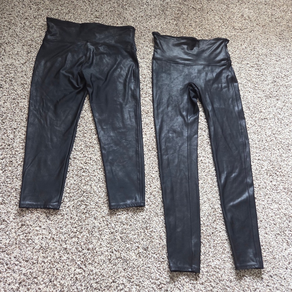 Spanx Faux Leather Leggings Bundle Black High Waist Size L 2 Pairs Crop Full - Picture 7 of 7